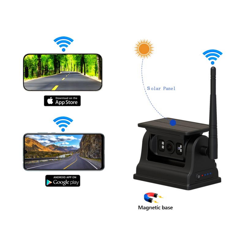 1080P WiFi Wireless Rear View Camera kanggo Android iOS karo Solar Charging lan Magnetic Mount