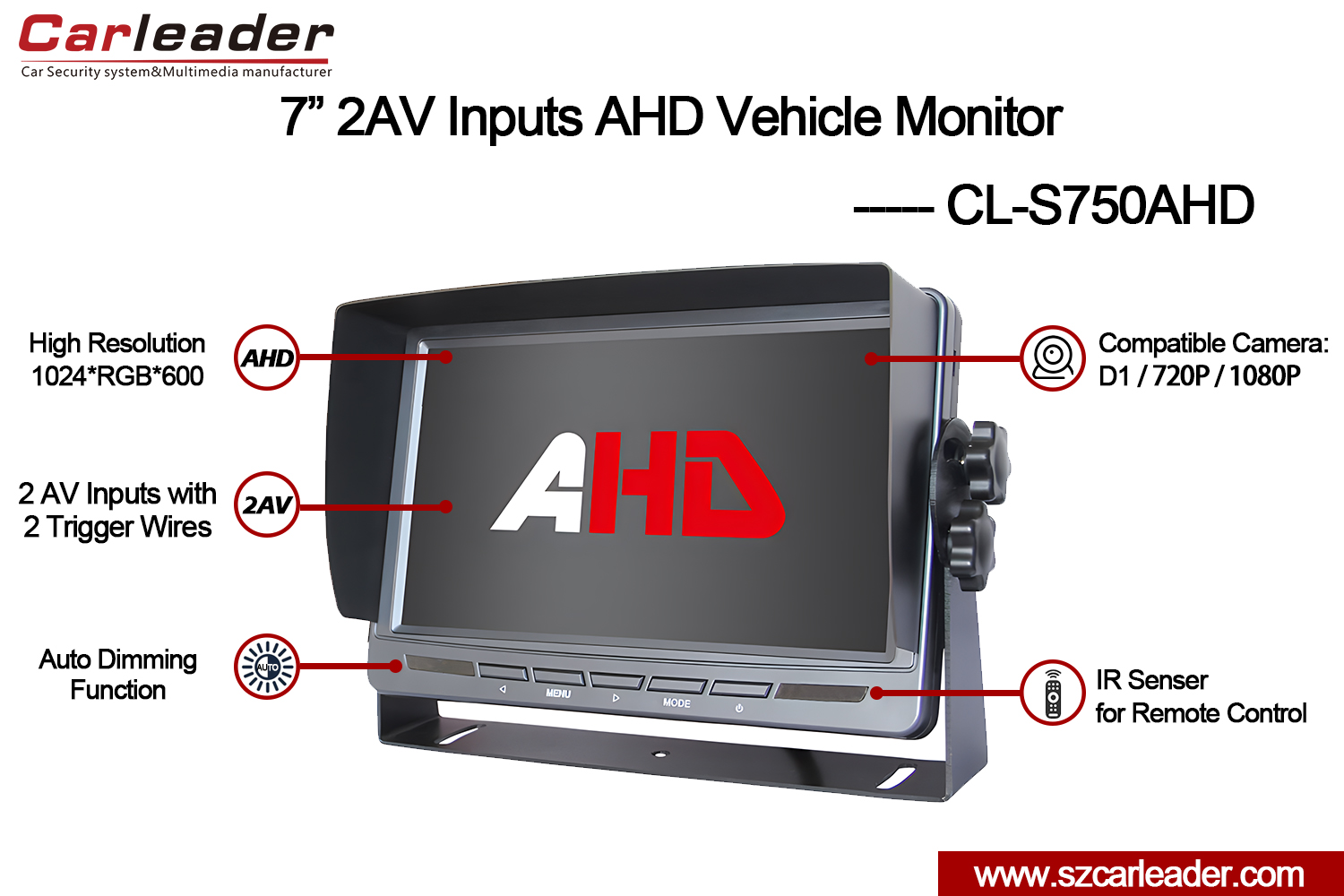 7 inch 2AV AHD Reversing Monitor kanggo Truk