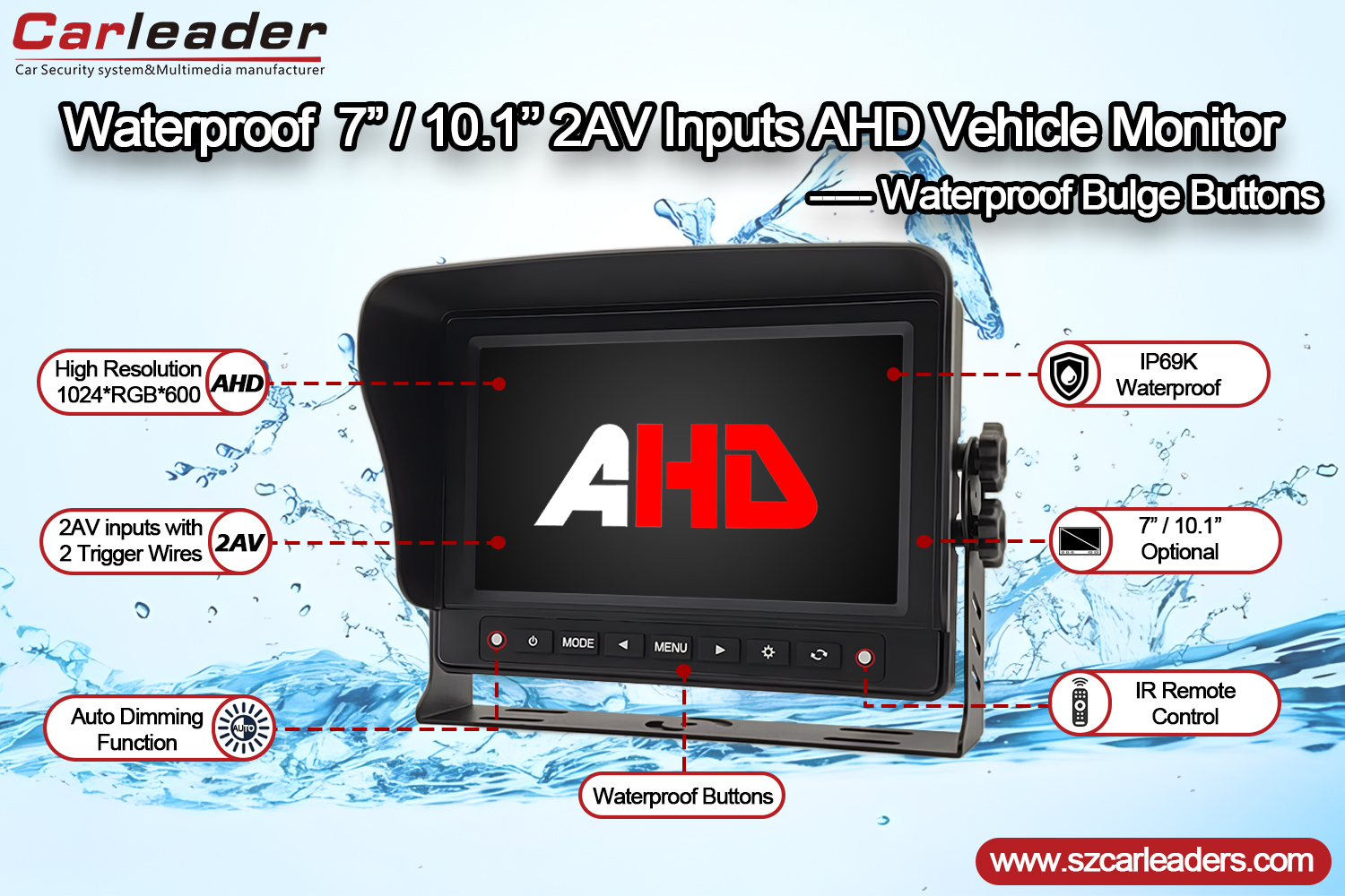 7 Inch AHD IP69K Mobil Rear View Waterproof Monitor