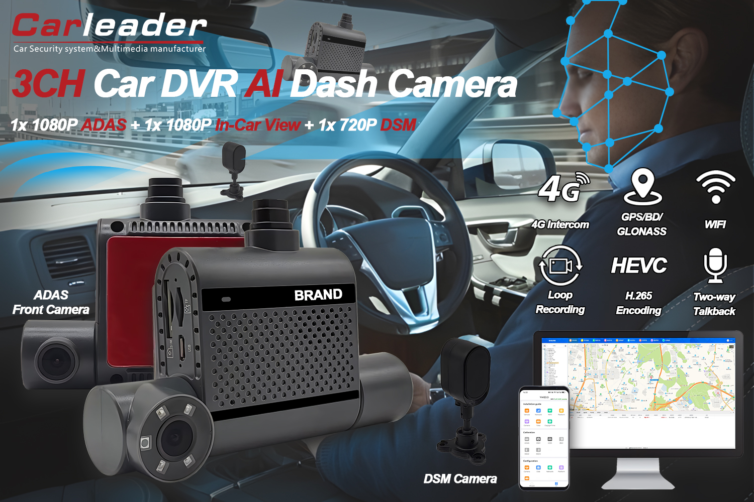 4G Dual AI Dash Camera karo ADAS lan DSM