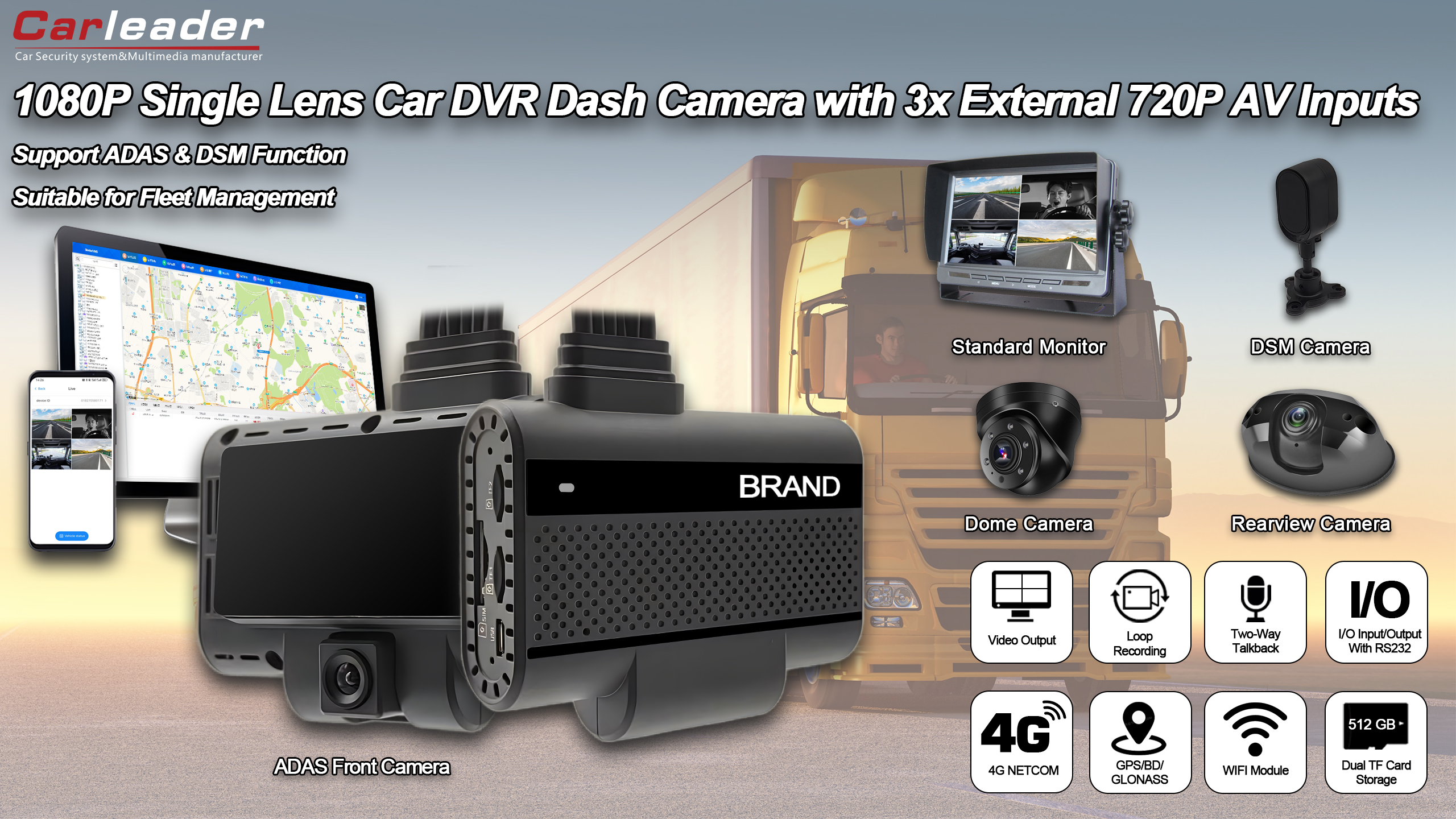 Sistem kamera Carleader 4ch DVR AI Dash sistem manajemen Fleet