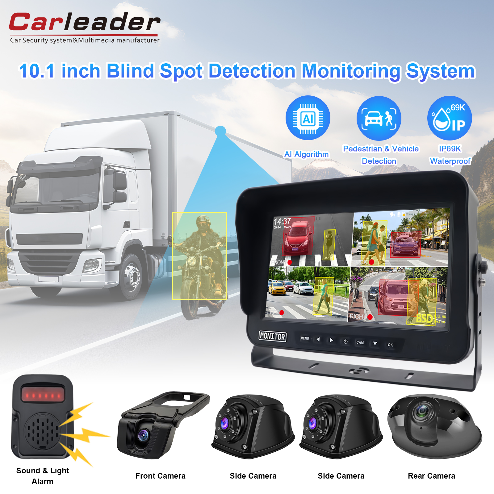 Sistem kamera 7 / 10.1 inci 4CH AI BSD sistem kamera truk kendharaan