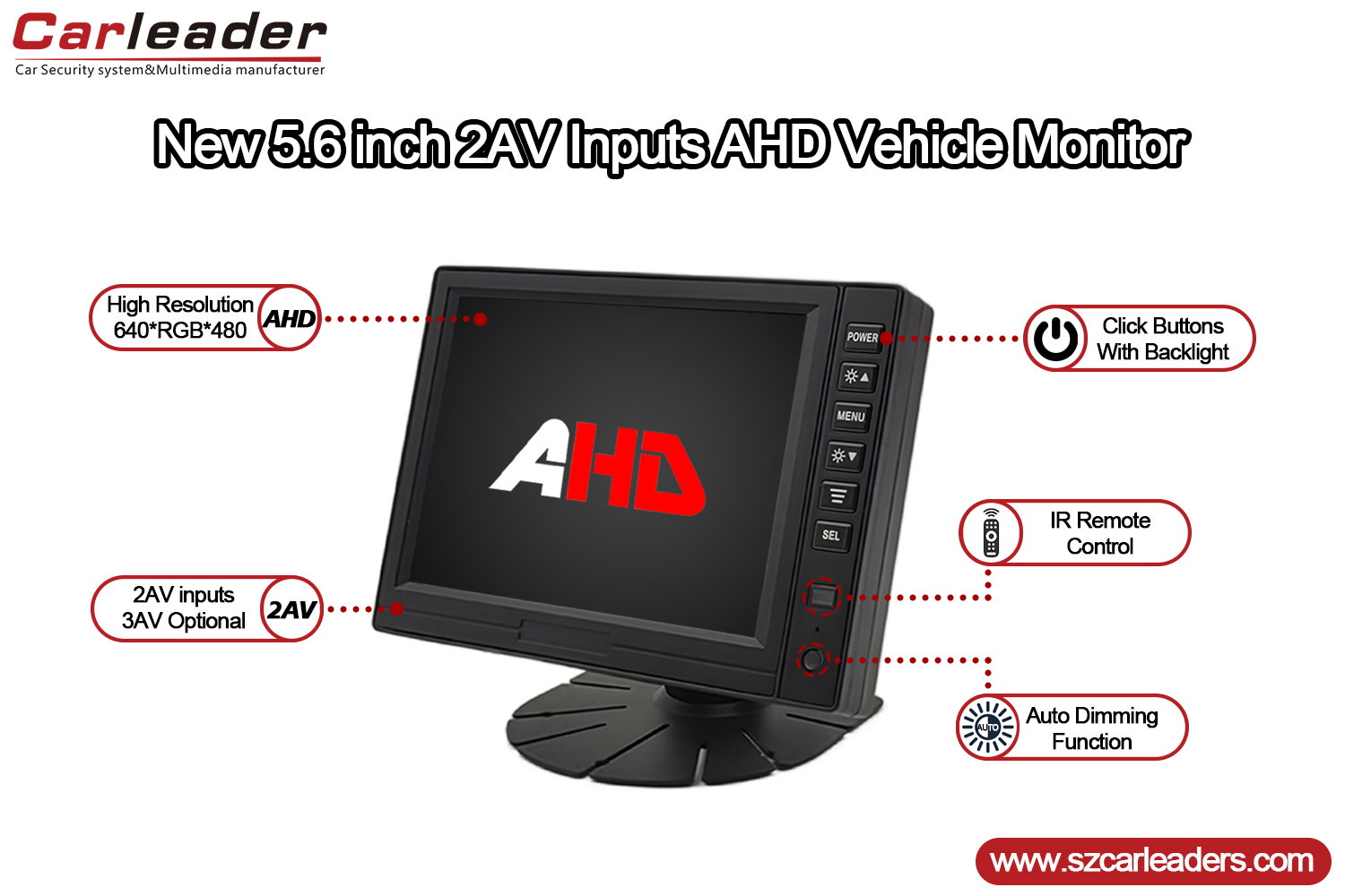 Monitor mburi mobil 5.6 inci kanthi tombol sisih