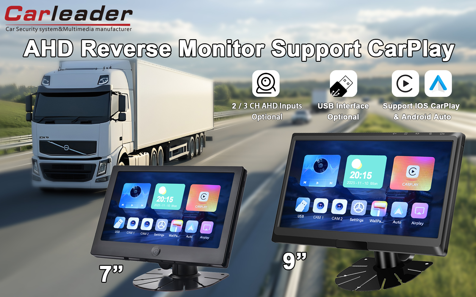 Carleader 9 Inch IPS 2AV AHD Monitor Kendaraan Dhukungan CarPlay Multimedia: Gerbang Sampeyan Kanggo Nyopir Luwih Pinter, Luwih Aman