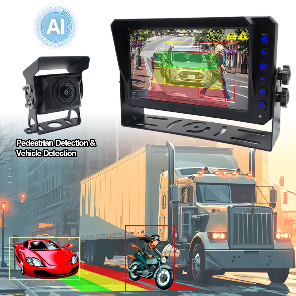 7 Inch AI BSD Blind Spot Detection Monitoring System Dhukungan AI Kalibrasi